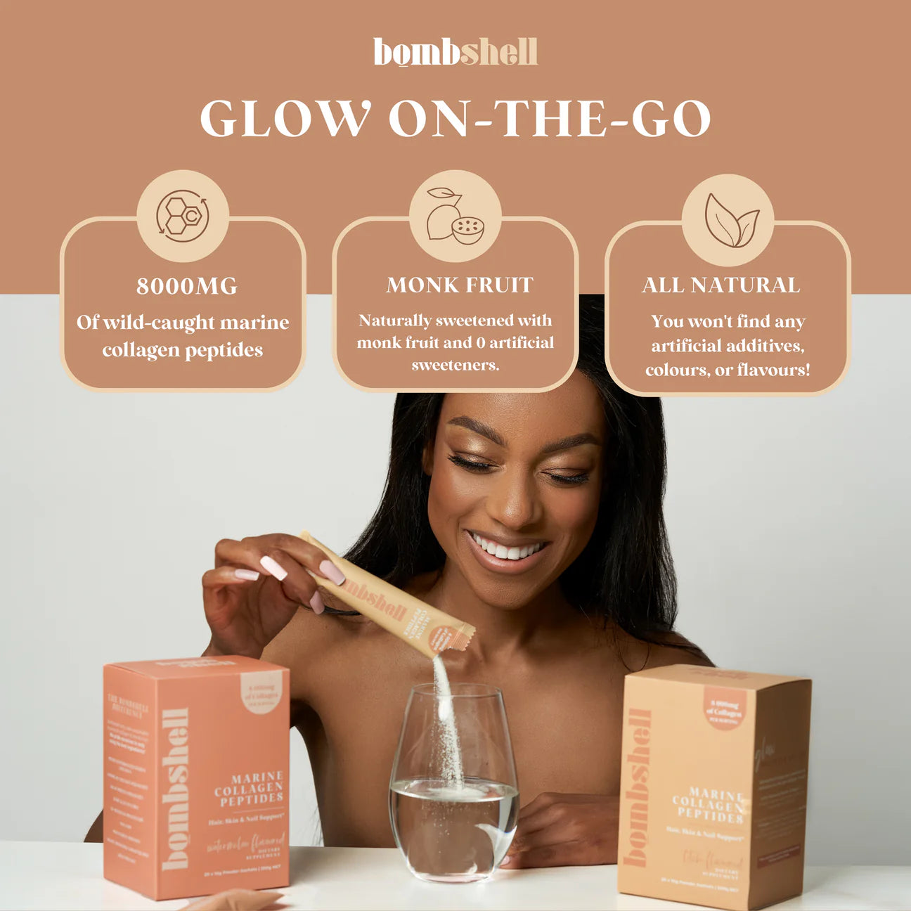 Bombshell Flavoured Marine Collagen Sachets: Litchi Or Watermelon (20x10g Sachets)